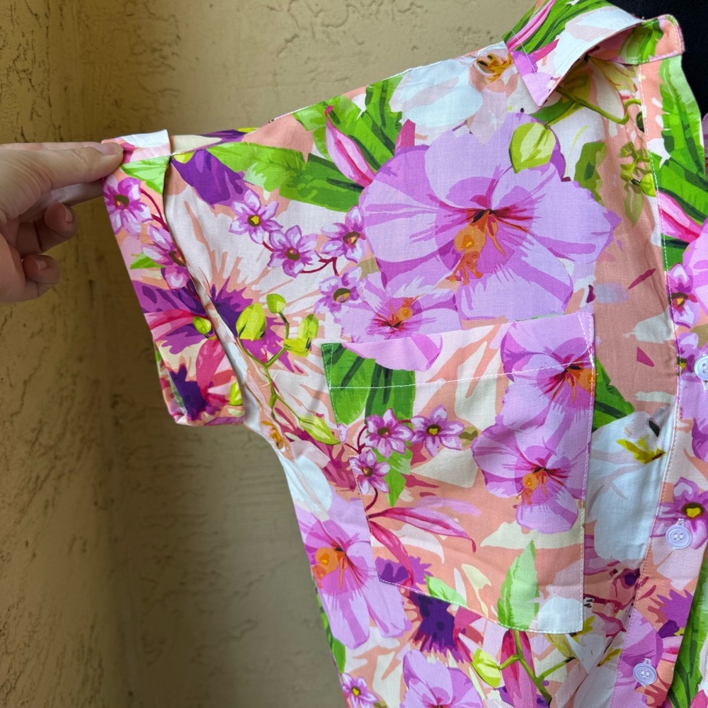 Boston Proper Cabo Fleurs Print Shirt Sz M Multicolor Versatile Short Sleeve - Picture 7 of 12